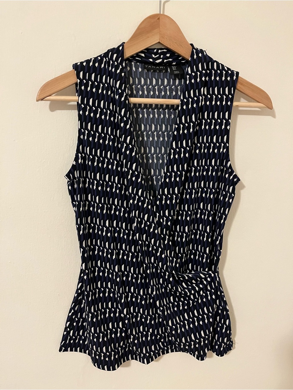 Tahari Navy & White Faux-Wrap Sleeveless Top